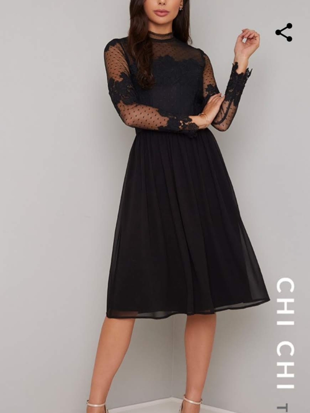 Chi Chi London Black Lace Midi Dress with Sheer Dot Sleeves